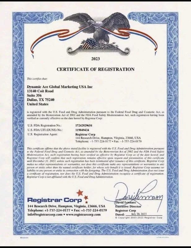 Certificat d'enregistrement DynAce Global