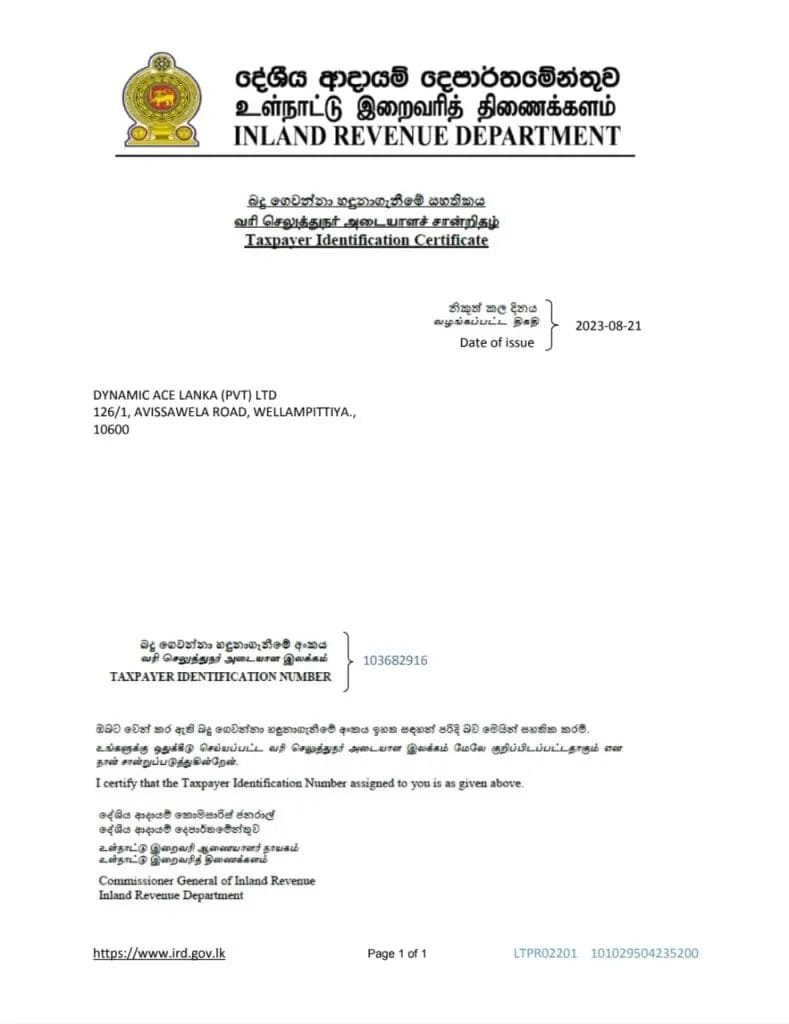 Taxpayer Identification Certificate Sri Lanka
